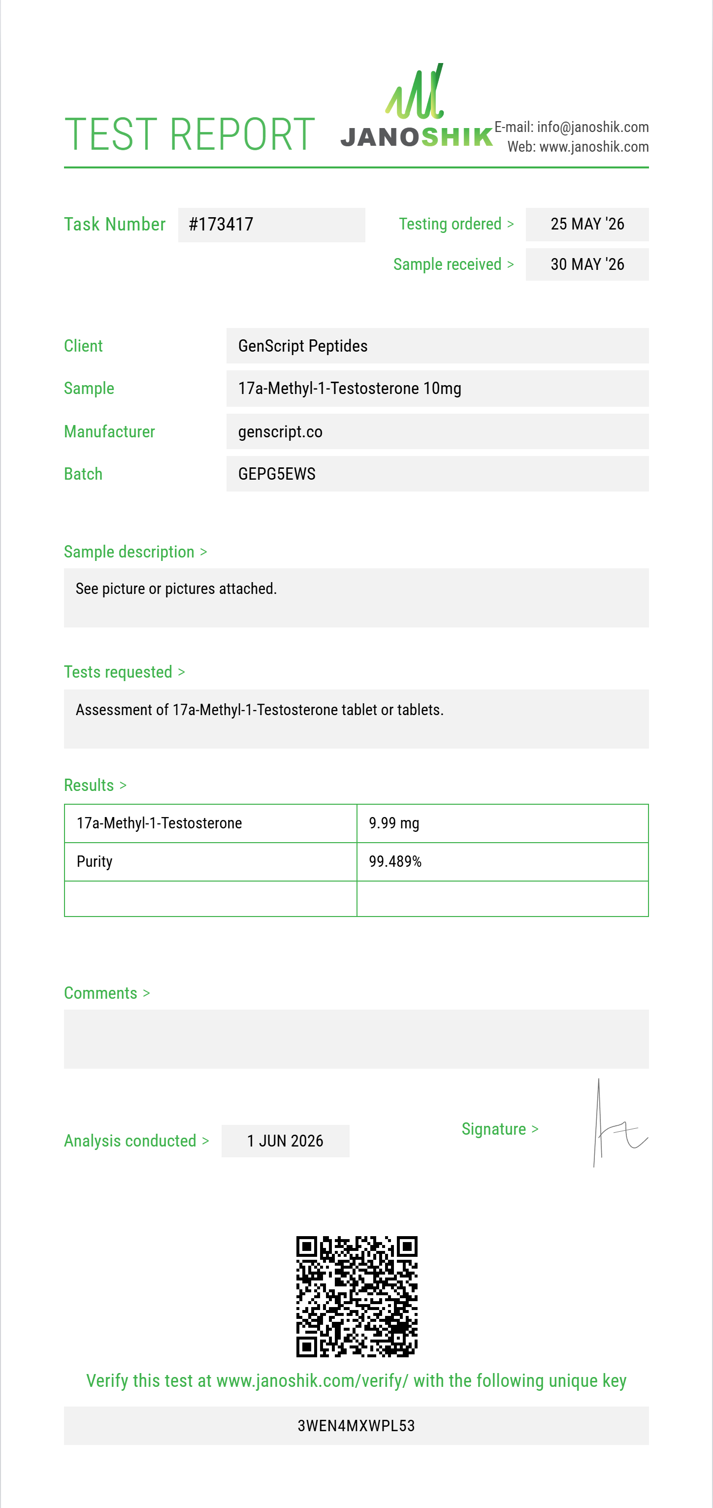 17a-Methyl-1-Testosterone Purity (HPLC) report by Janoshik Analytical