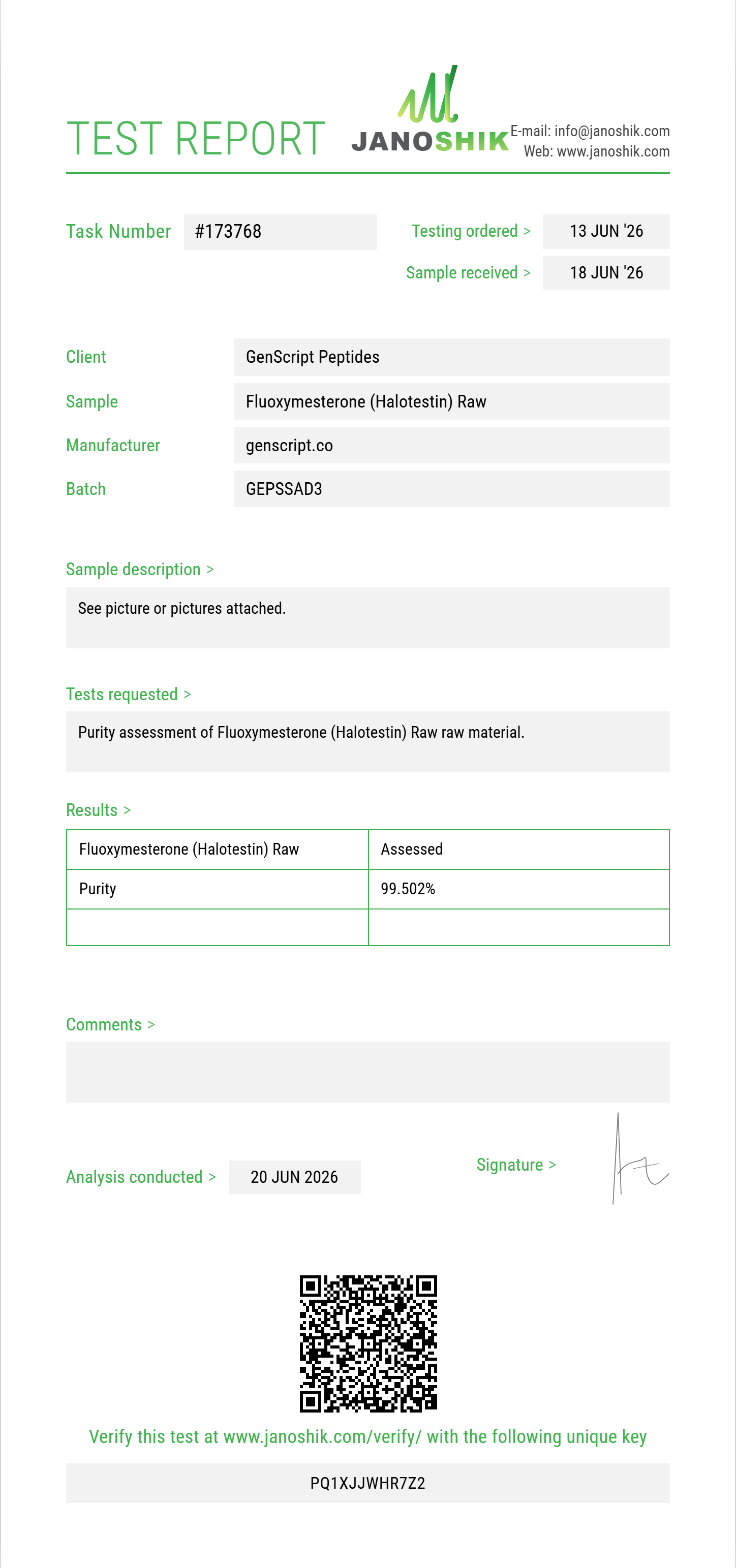 Fluoxymesterone (Halotestin) Raw Purity (HPLC) report by Janoshik Analytical