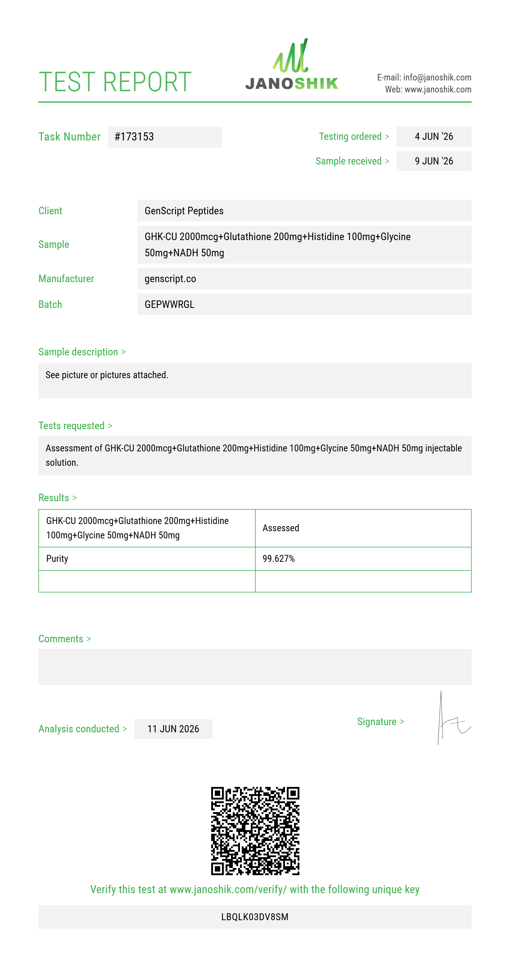 GHK-CU 2000mcg+Glutathione 200mg+Histidine 100mg+Glycine 50mg+NADH 50mg Purity (HPLC) report by Janoshik Analytical