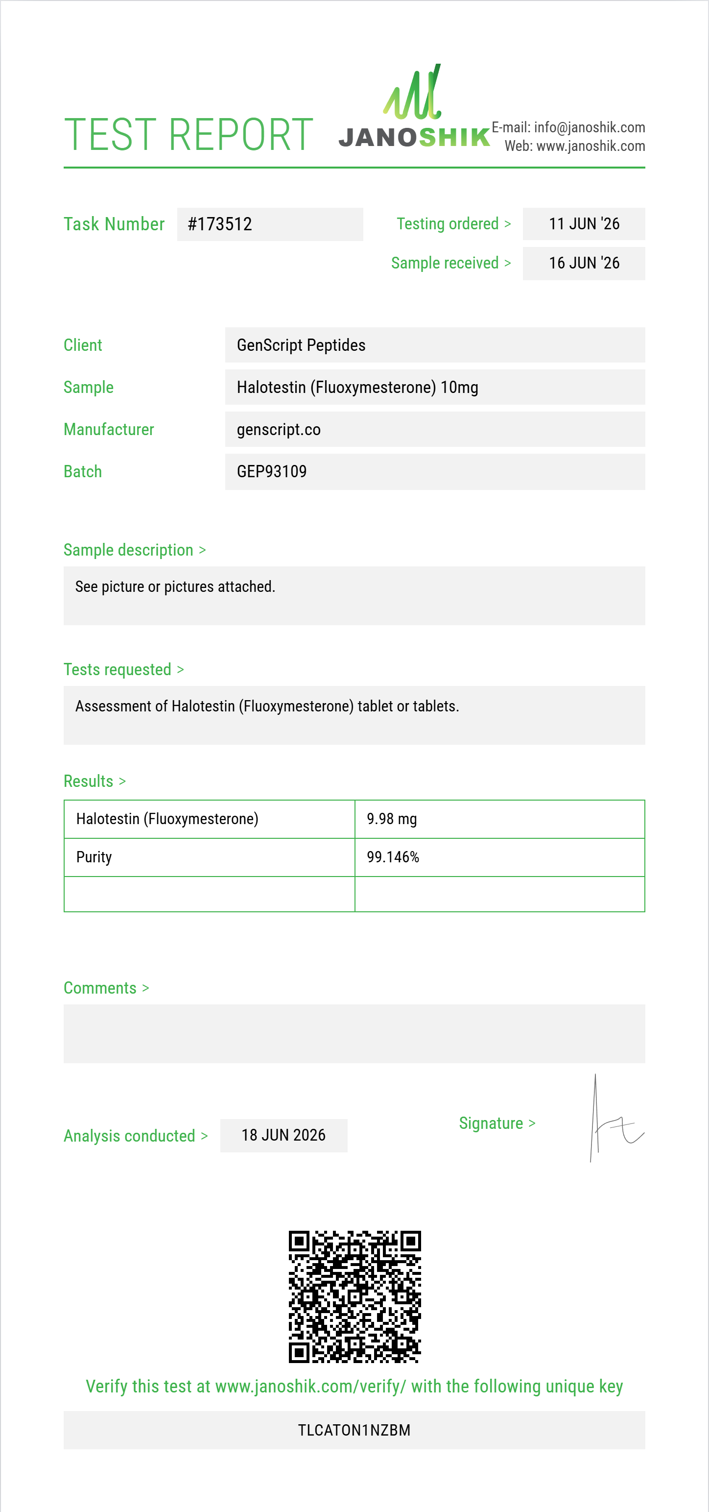 Halotestin (Fluoxymesterone) Purity (HPLC) report by Janoshik Analytical