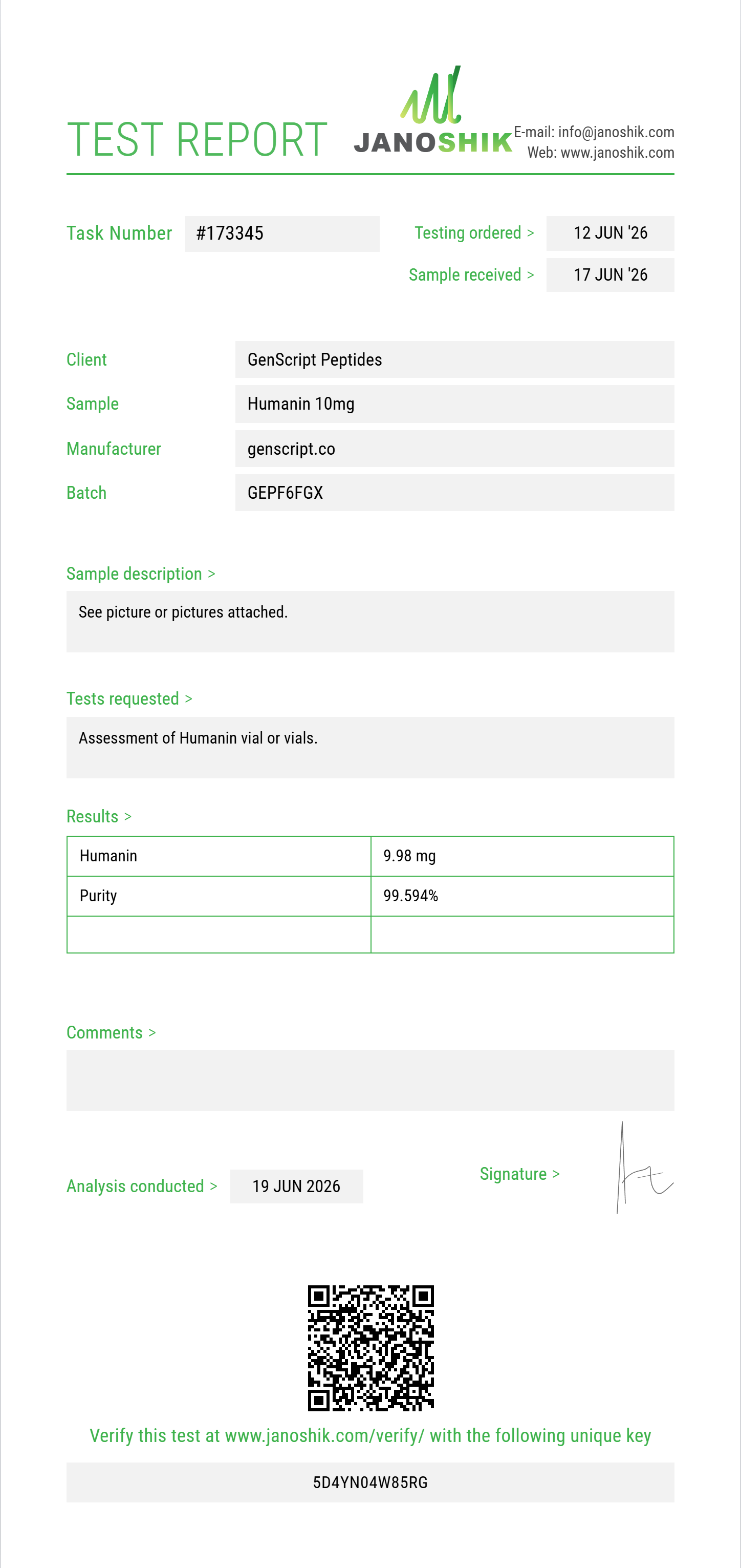 Humanin Purity (HPLC) report by Janoshik Analytical