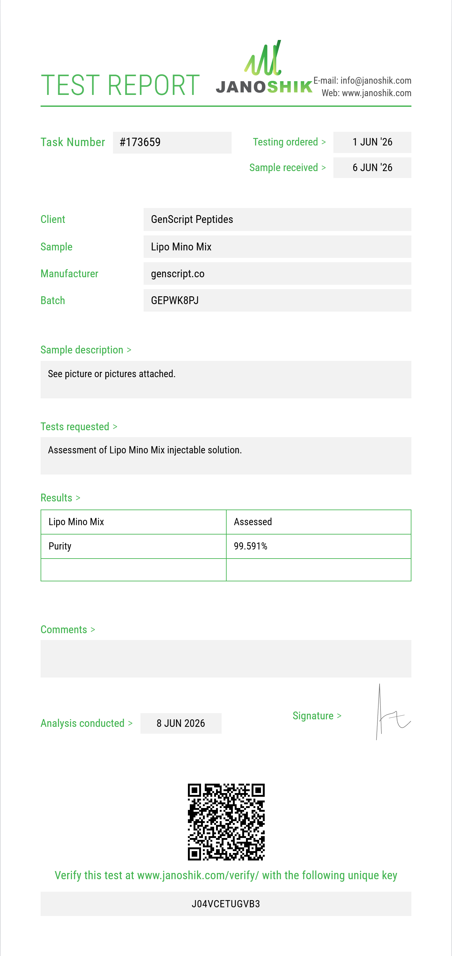 Lipo Mino Mix (B6+Methionine+Inositol+Choline+B1+B2+Carnitine) Purity (HPLC) report by Janoshik Analytical