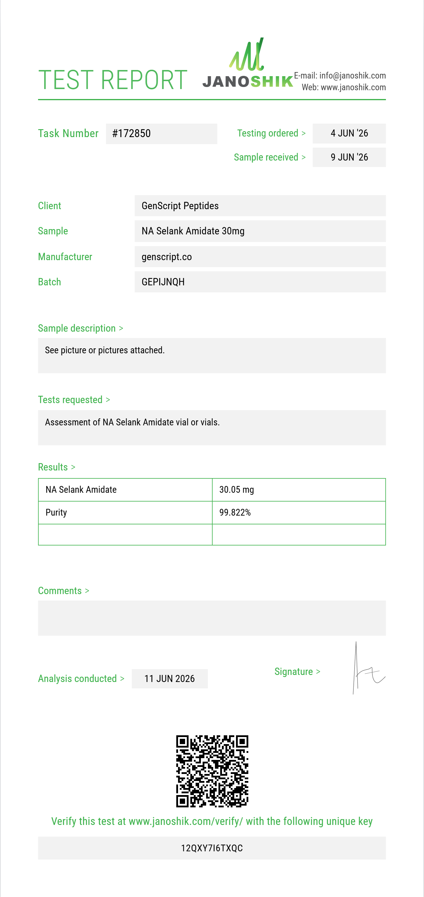 NA Selank Amidate Purity (HPLC) report by Janoshik Analytical