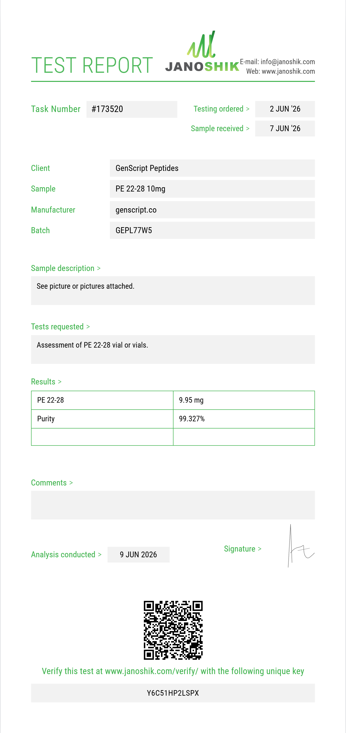 PE 22-28 Purity (HPLC) report by Janoshik Analytical