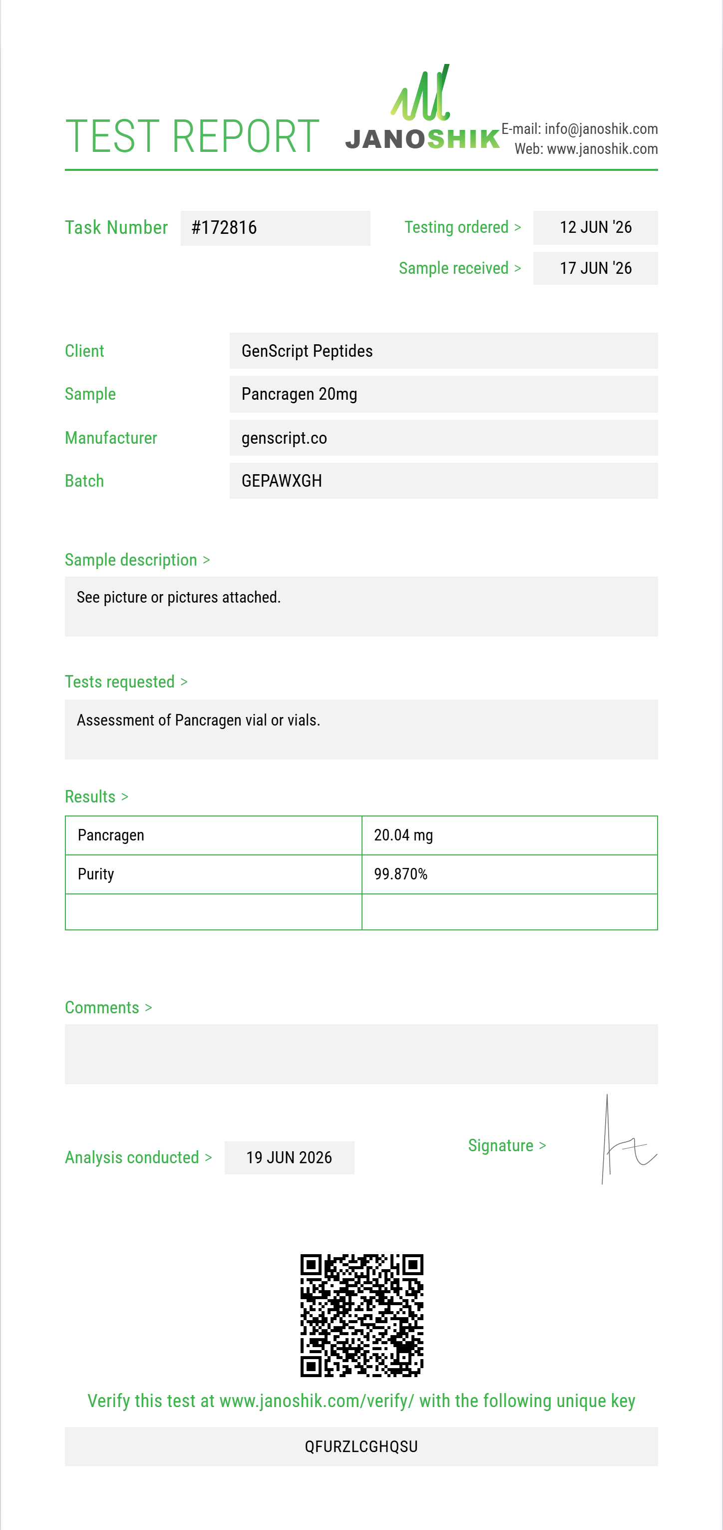 Pancragen Purity (HPLC) report by Janoshik Analytical
