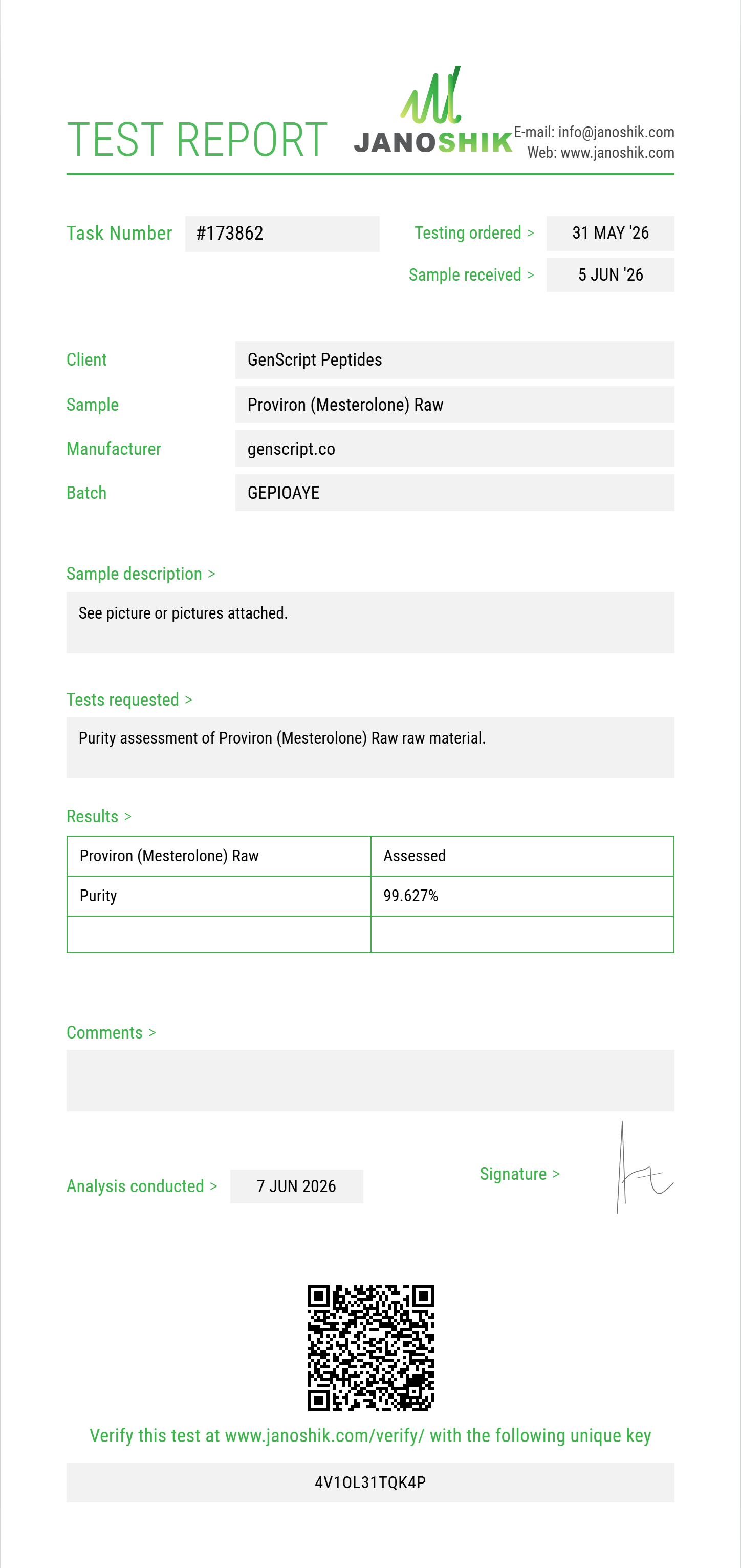 Proviron (Mesterolone) Raw Purity (HPLC) report by Janoshik Analytical