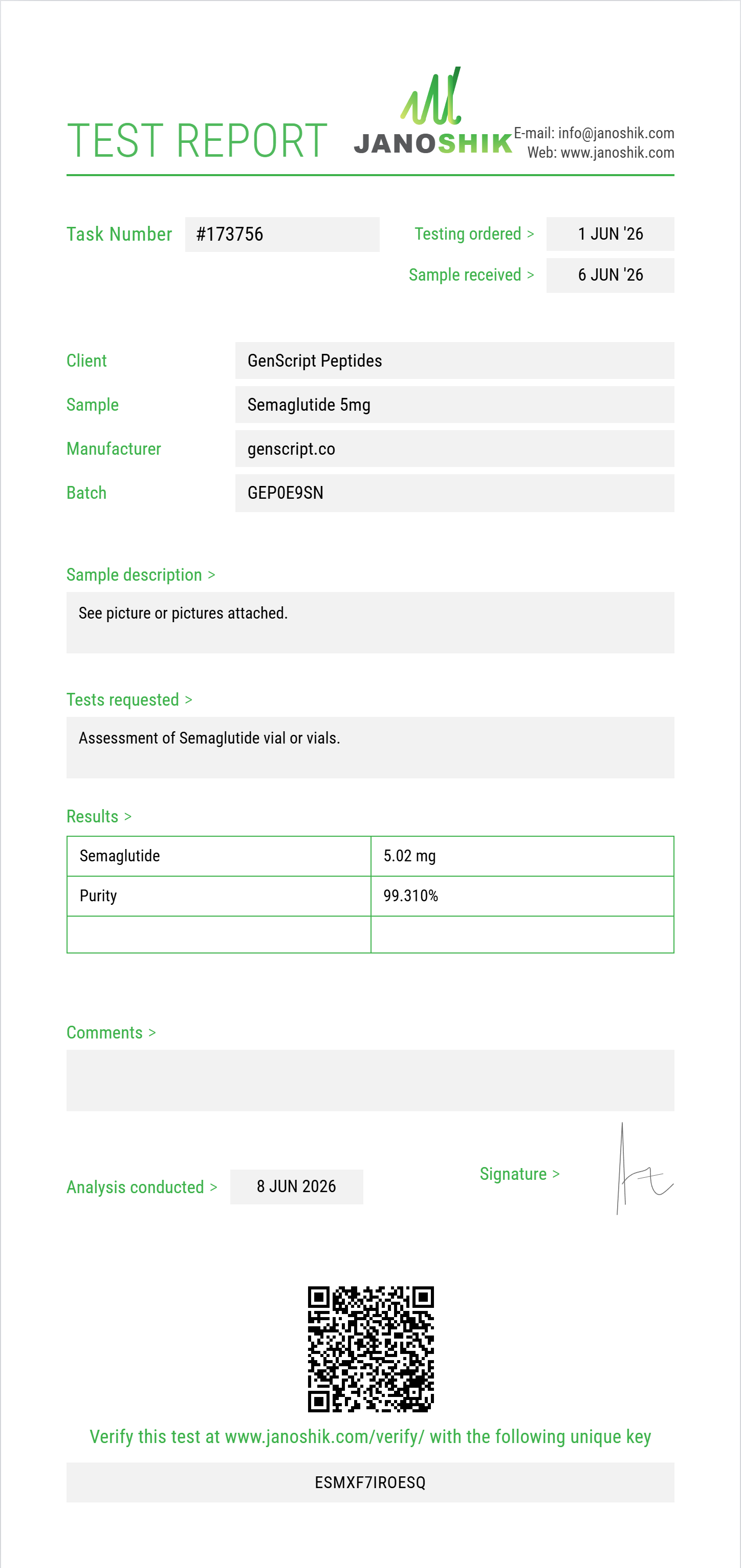 Semaglutide Purity (HPLC) report by Janoshik Analytical