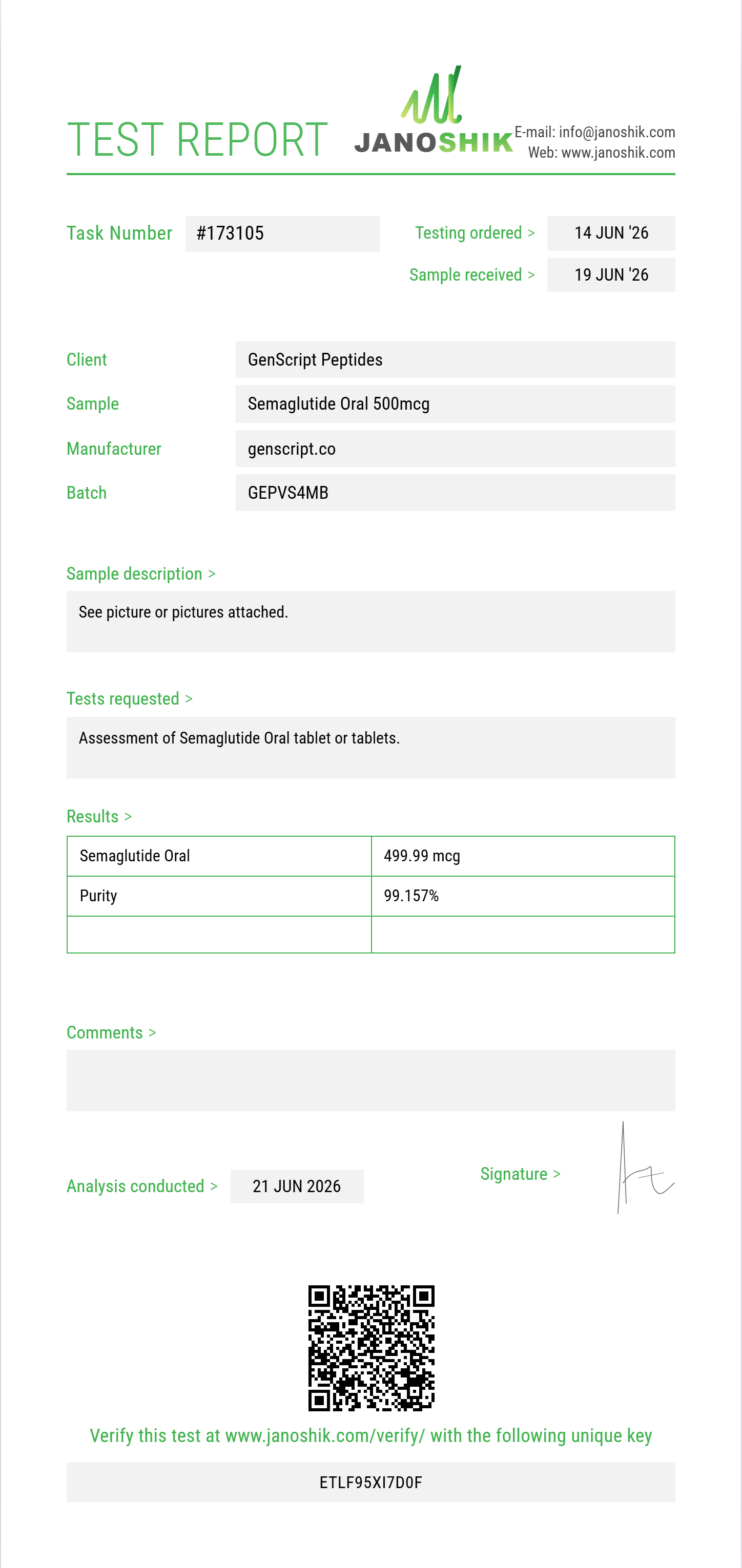 Semaglutide Oral Purity (HPLC) report by Janoshik Analytical