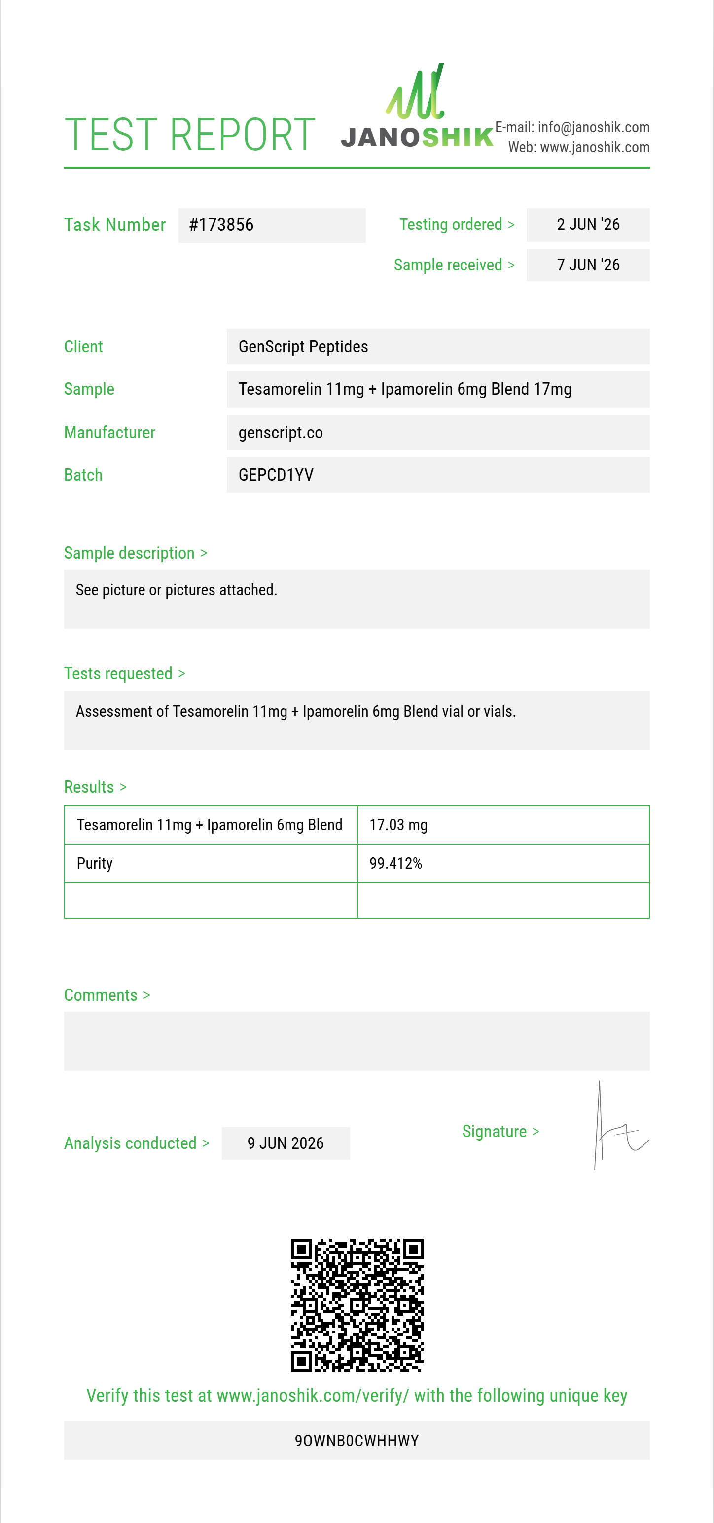 Tesamorelin 11mg + Ipamorelin 6mg Blend Purity (HPLC) report by Janoshik Analytical