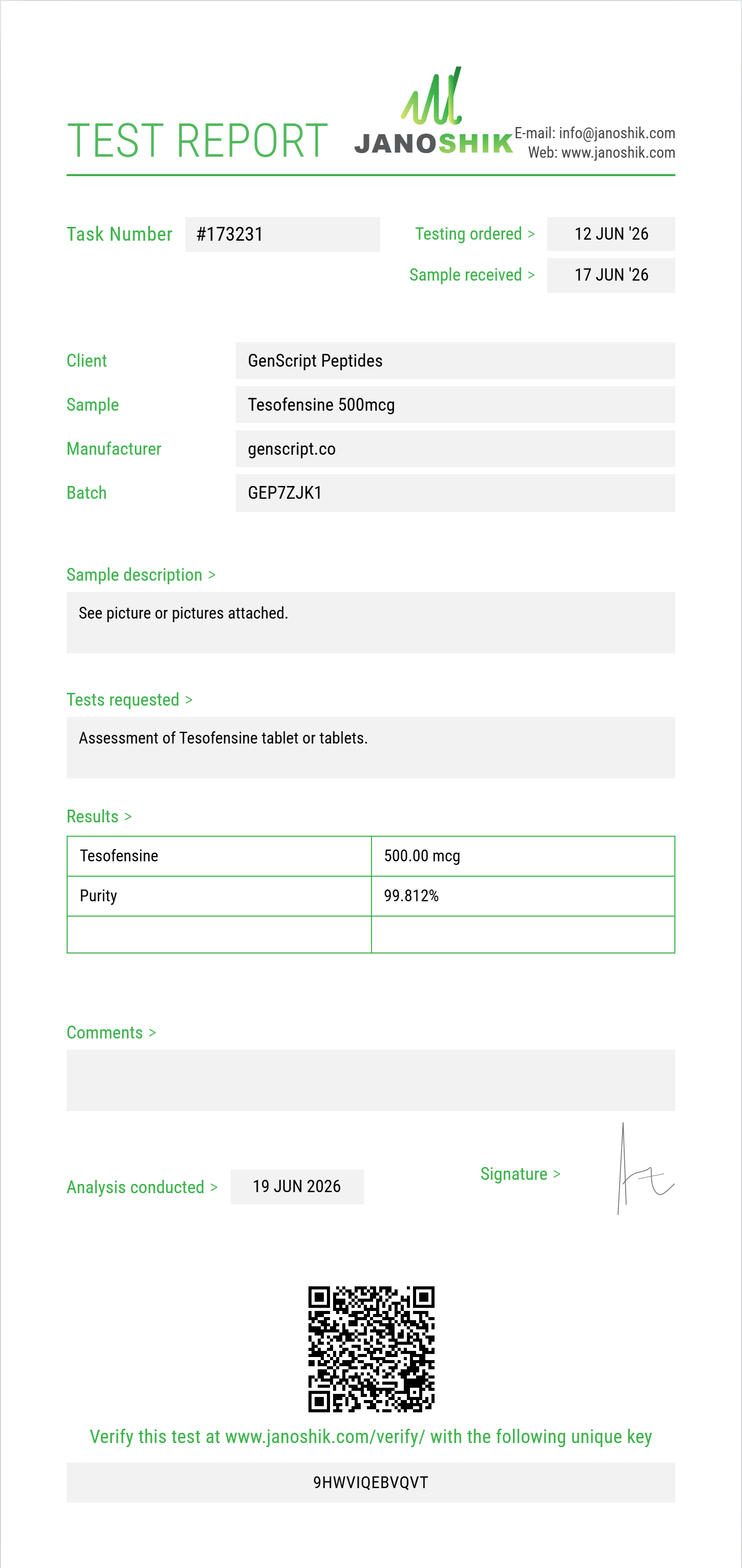 Tesofensine Purity (HPLC) report by Janoshik Analytical