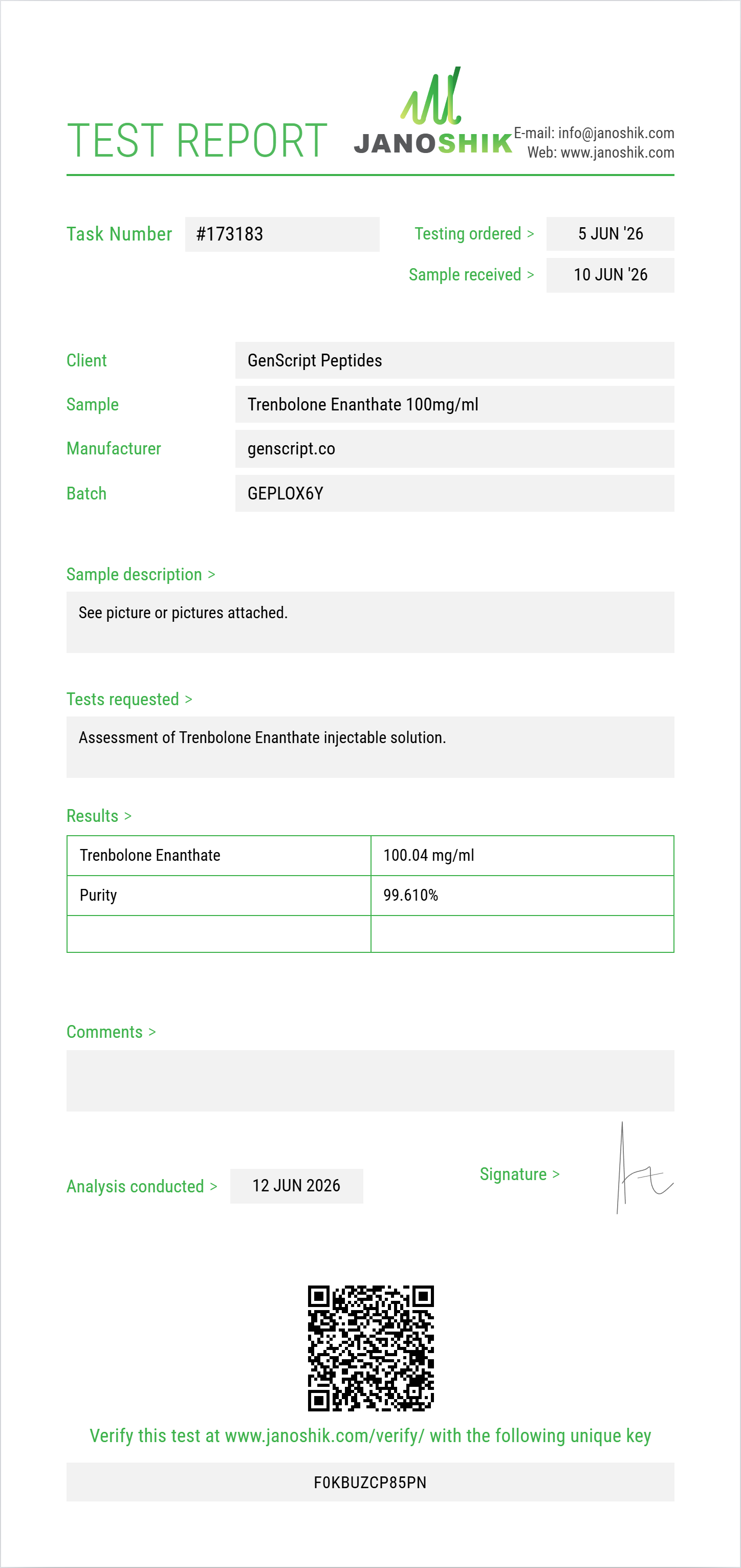 Trenbolone Enanthate Purity (HPLC) report by Janoshik Analytical