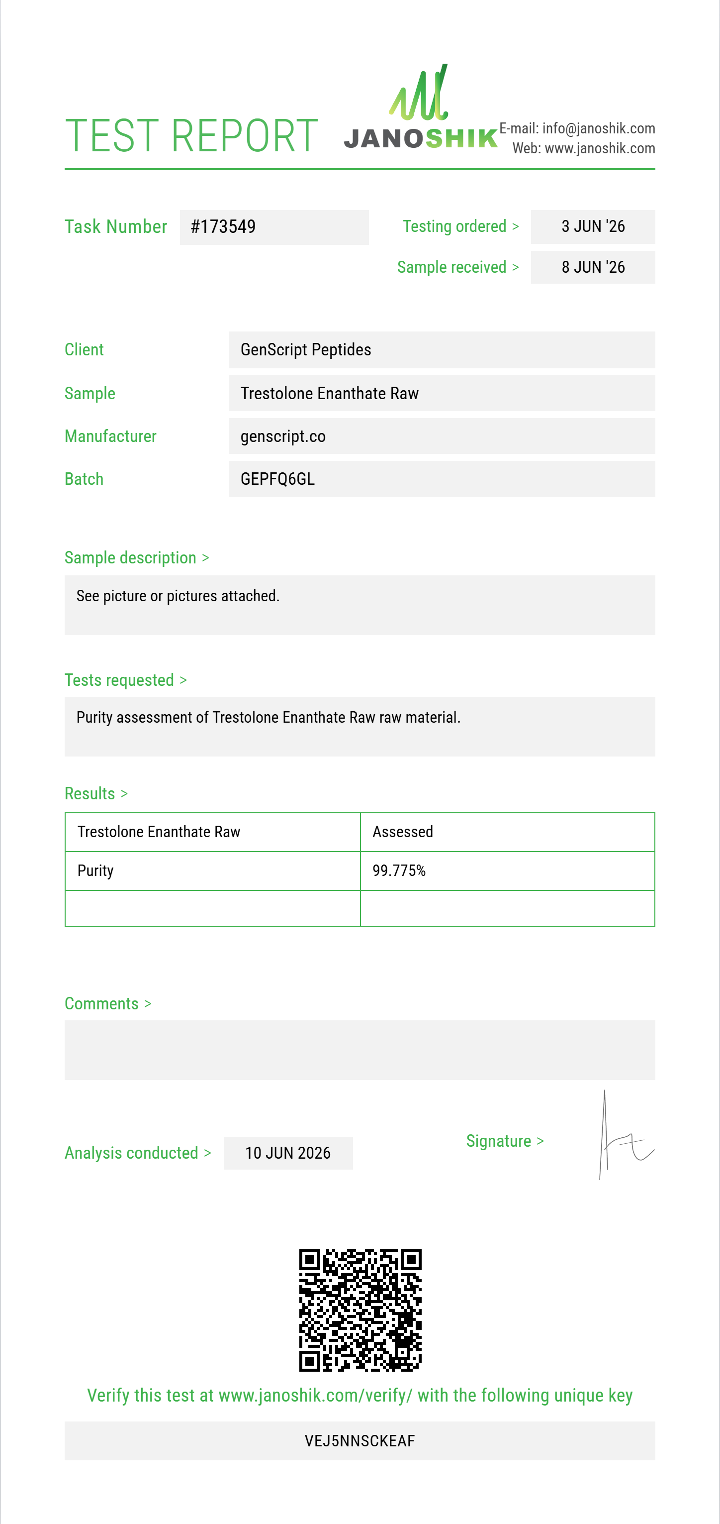 Trestolone Enanthate Raw Purity (HPLC) report by Janoshik Analytical