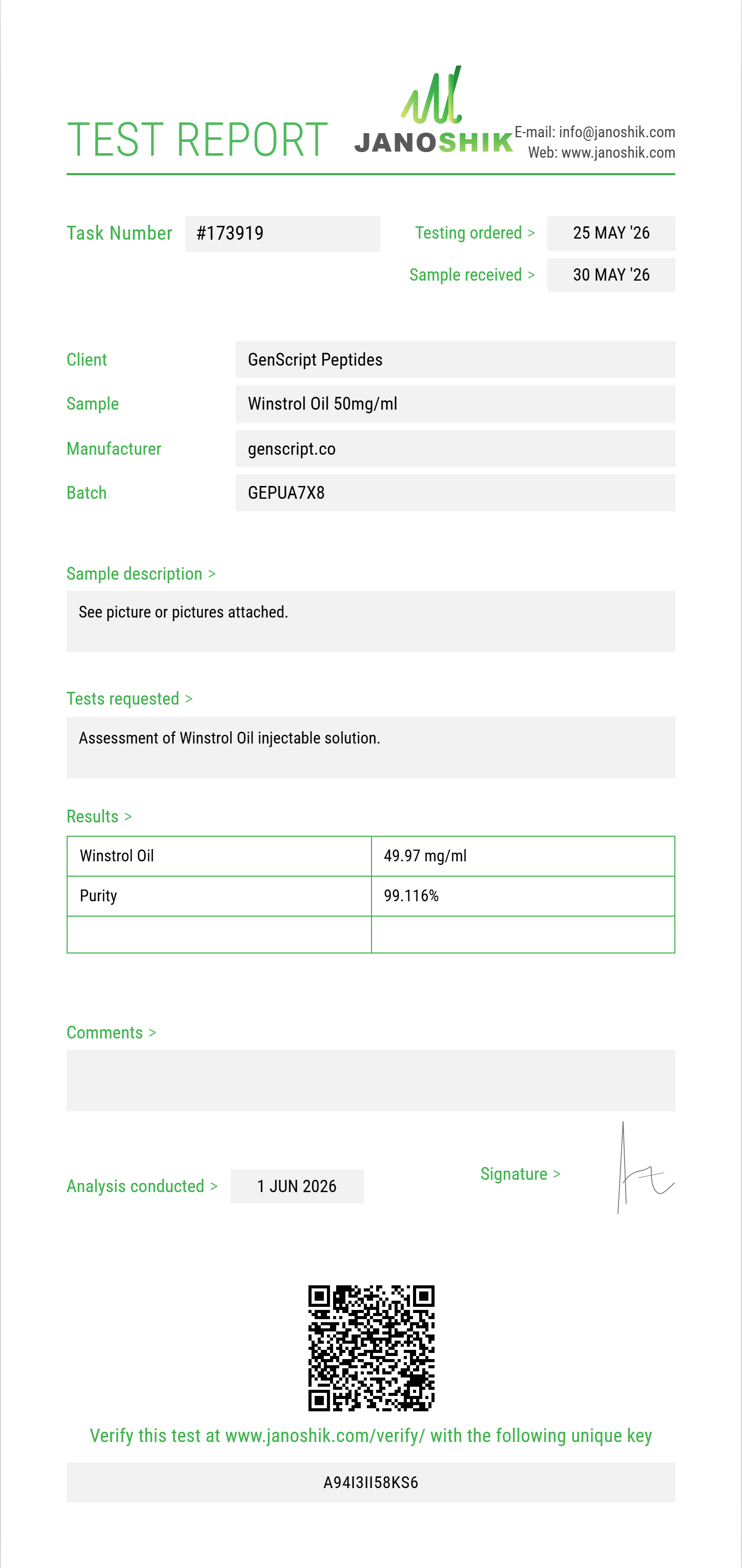 Winstrol Oil Purity (HPLC) report by Janoshik Analytical