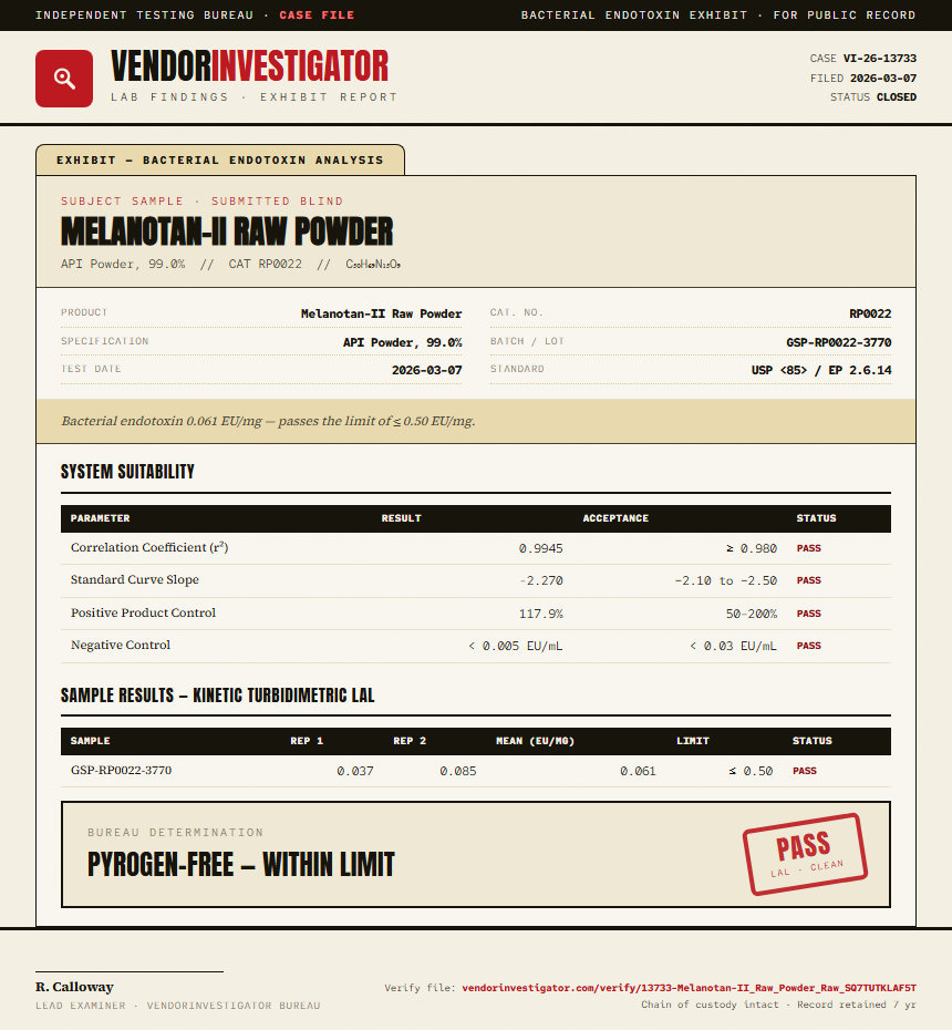 Melanotan-II Raw Powder Endotoxin report by VendorInvestigator