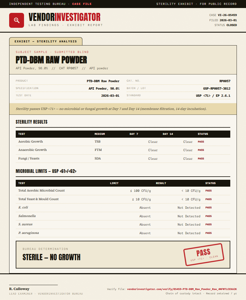 PTD-DBM Raw Powder Sterility report by VendorInvestigator